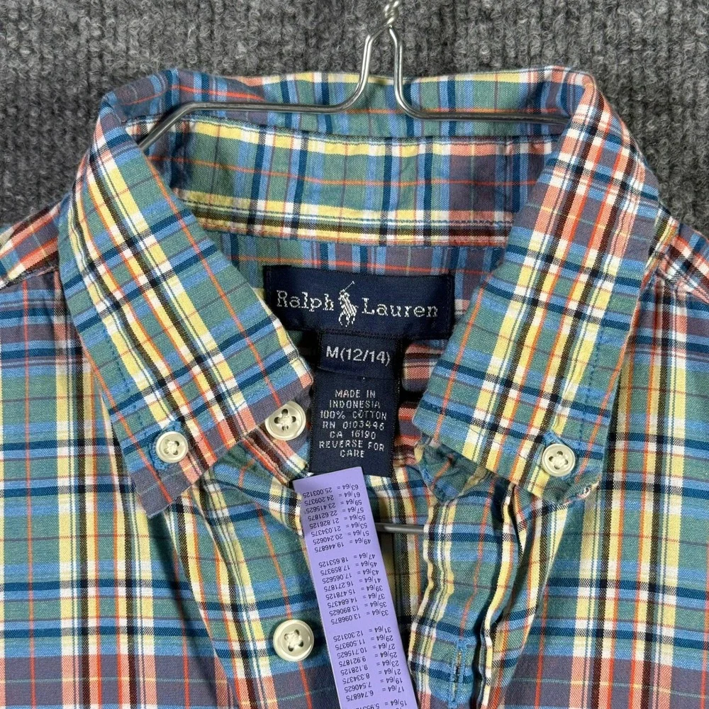Ralph Lauren Plaid Button Down Boys Size M 12-14 Multi Color Short Sleeve Pony